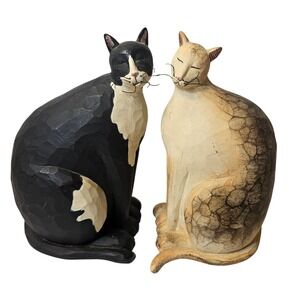Dotty Chase Folk Art Cat Figurines Set of 2 Black Tuxedo and Cream Crackle Resin